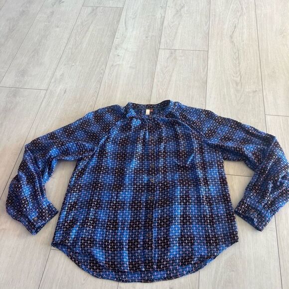 ANTHROPOLOGIE PILCRO Embroidered Plaid Button Up Size L Crew Neck Long Sleeve - Picture 1 of 9